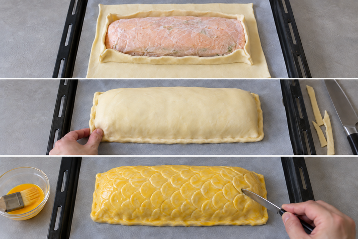 Wrap the salmon in pastry and mark scales with a knife tip