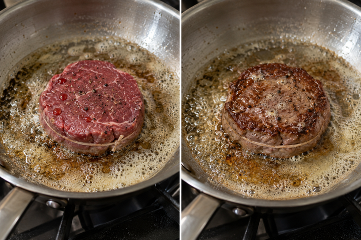 Sear the beef in butter and rest with a pink center