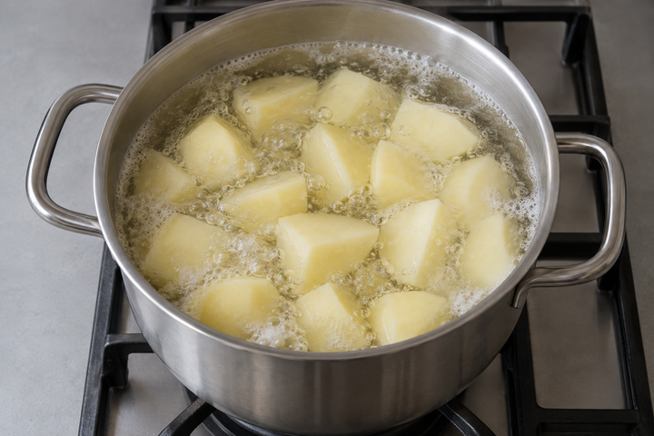 Peel, quarter and start the potatoes in cold salted water