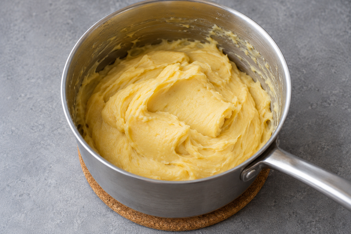 Bind the purée with yolks and beaten egg off the heat
