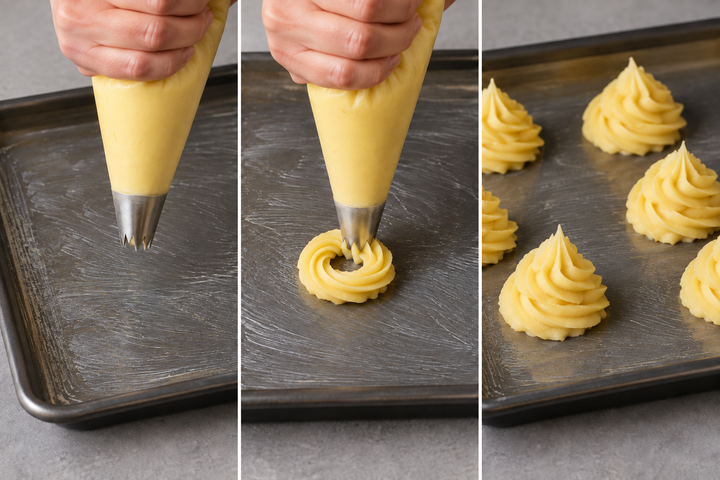 Pipe the warm dough into roses with a star tip