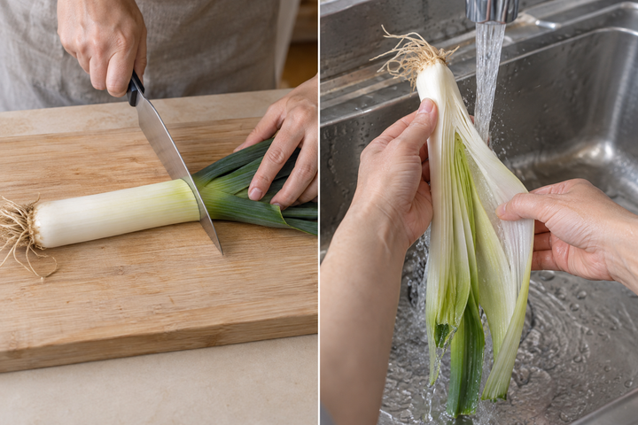 Trim, split and wash the leeks, then slice 5mm thick