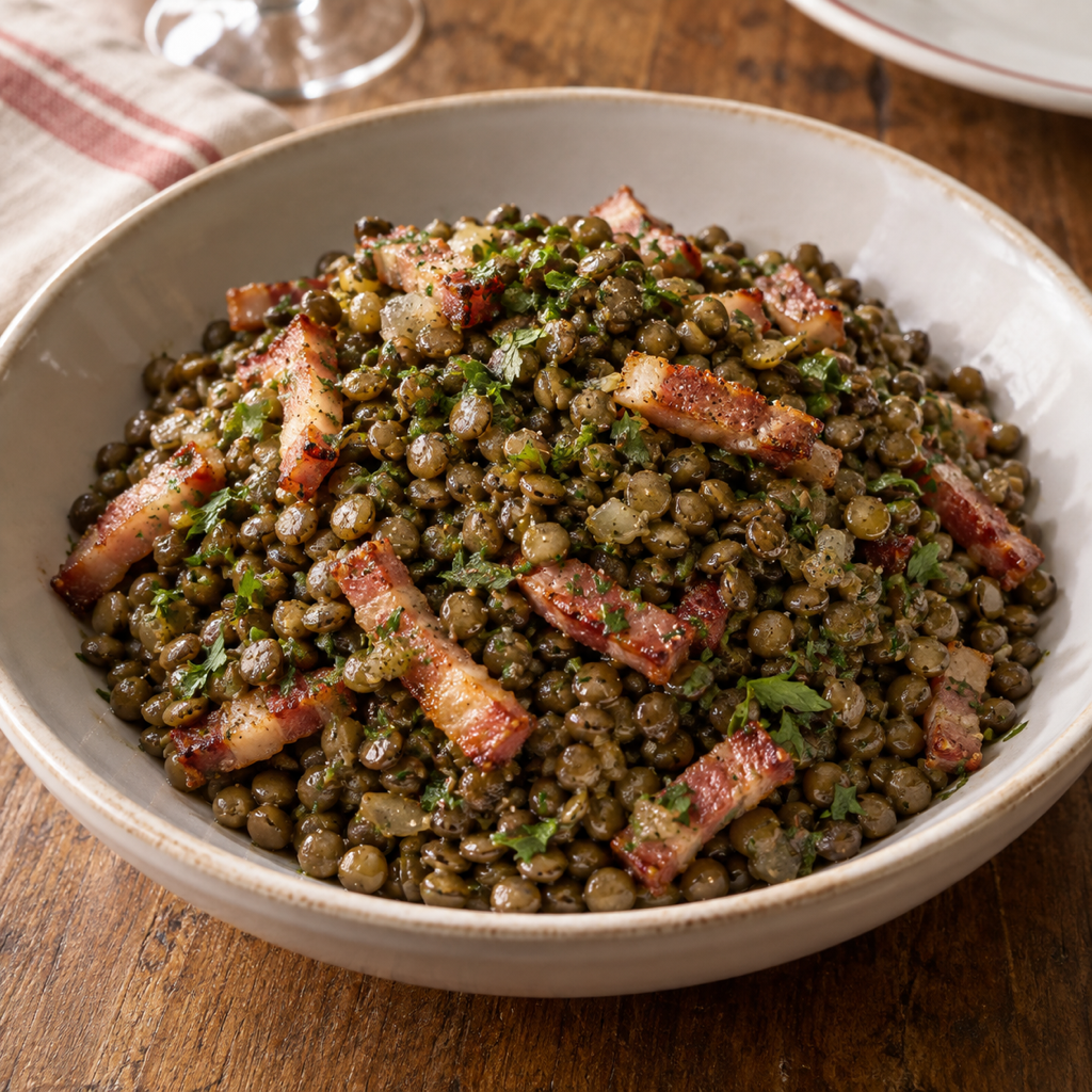 Lenticchie verdi del Puy con burro e bacon