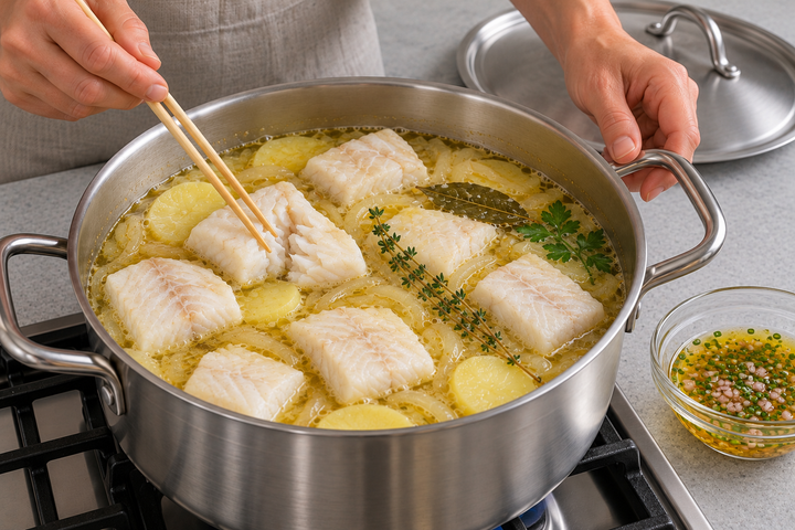 ビネグレットを混ぜ、魚に火を通す