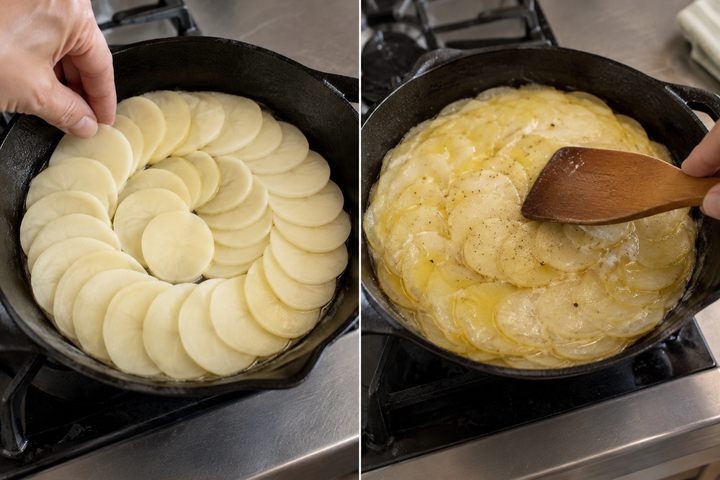 Build 5–6 circular layers with butter