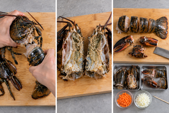 Cut the lobster in its shell and remove stomach sacs and intestinal veins