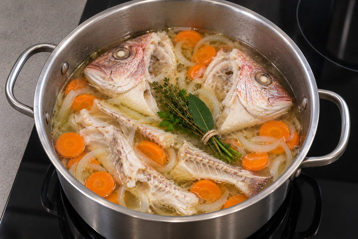 魚のあらと香味野菜でだしを取る