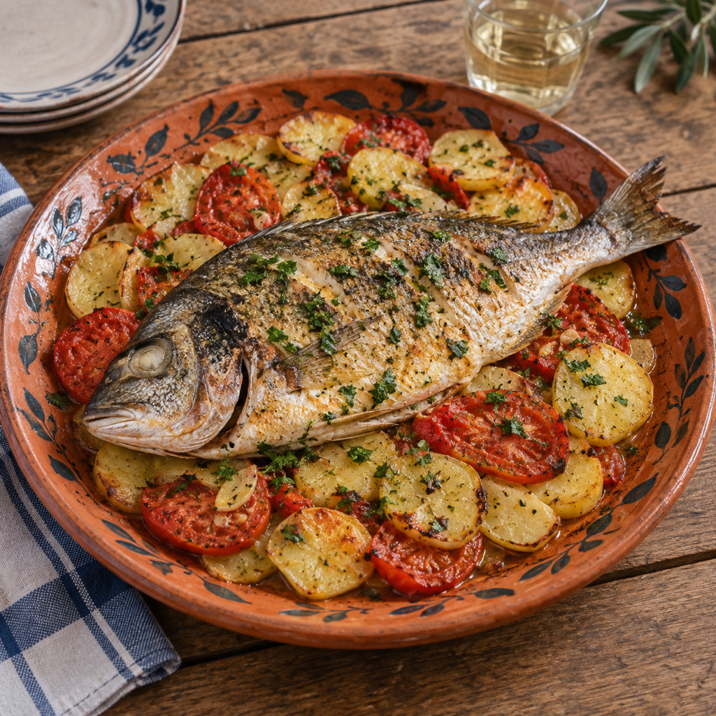 Orata al forno con patate e pomodori