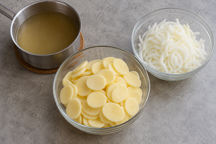 Affettare patate e cipolle e scaldare il forno