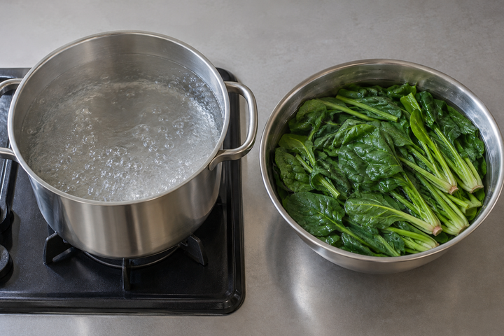 Trim the roots and wash the spinach in plenty of water
