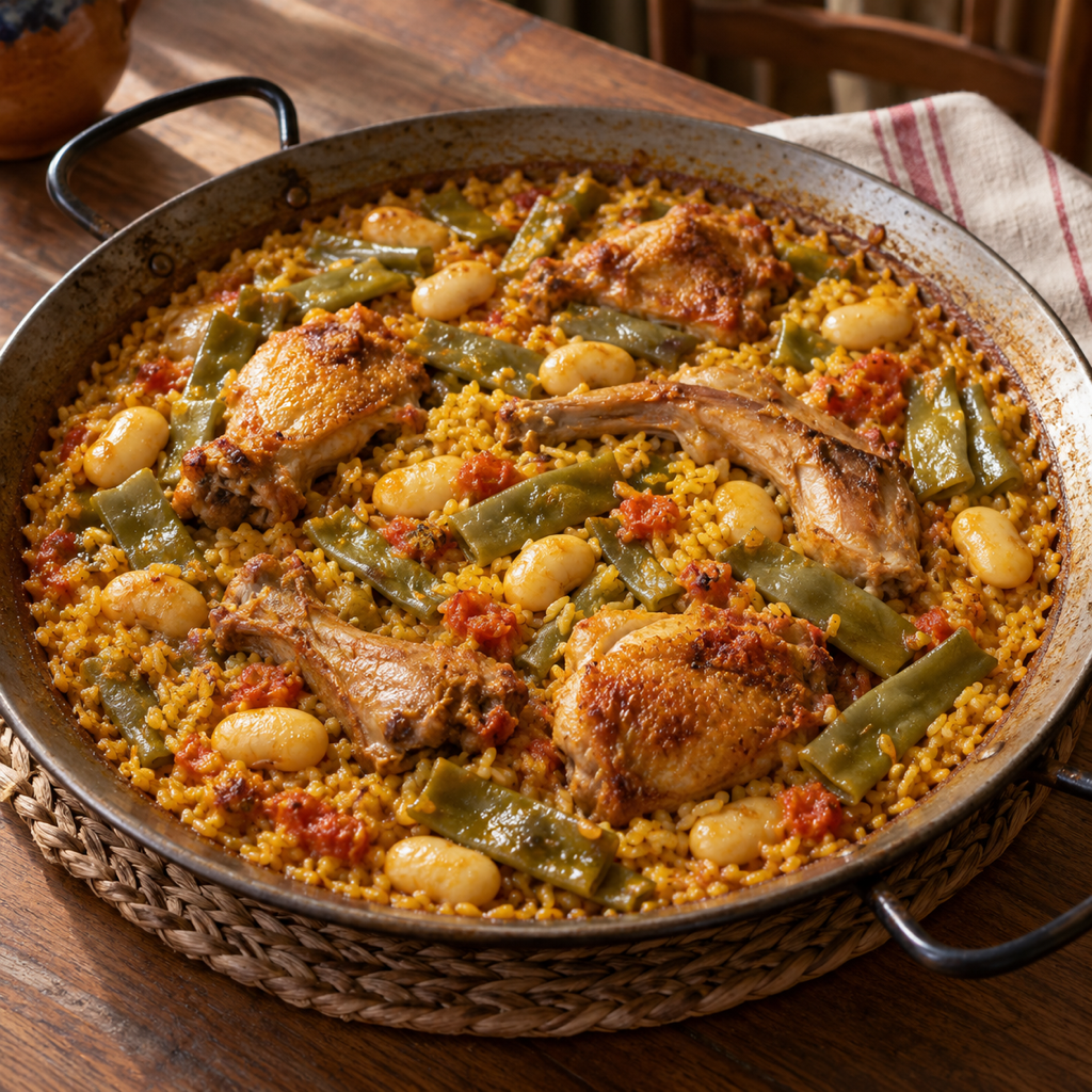 Paella valenciana con pollo e coniglio
