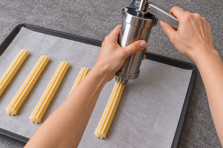 チュロス専用器具で押し出す