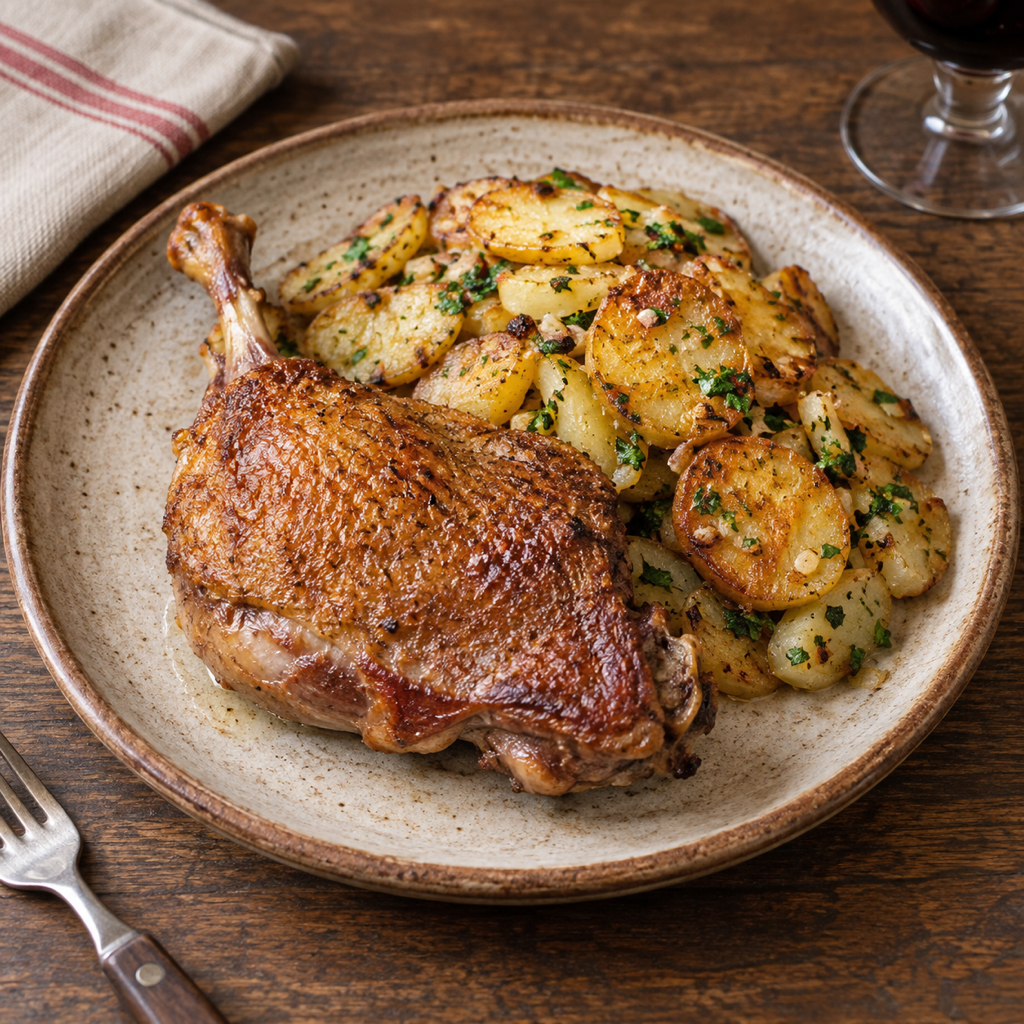 Confit d’anatra con patate alla sarlatese