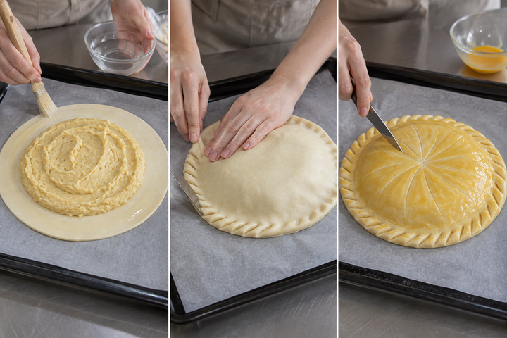 Cut pastry rounds, enclose the cream and score a pattern