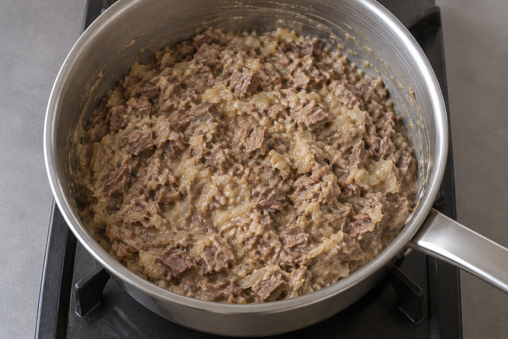 Make onion sauce, cool it and mix with beef