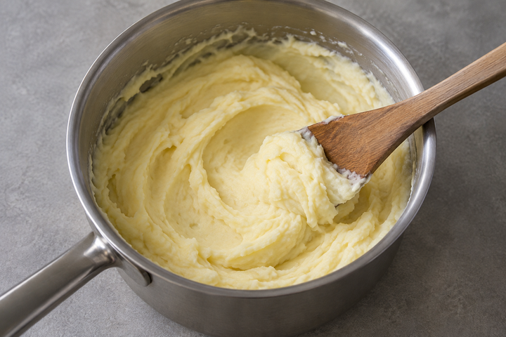 Boil and strain the potatoes; finish the purée with butter and milk