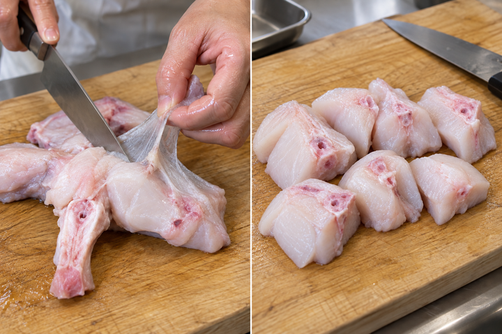 Trim the monkfish and prepare the shells, tomatoes and aromatics