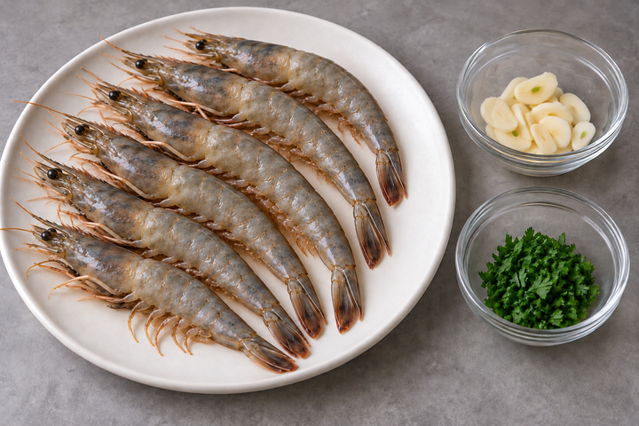 海老とにんにくを下処理する