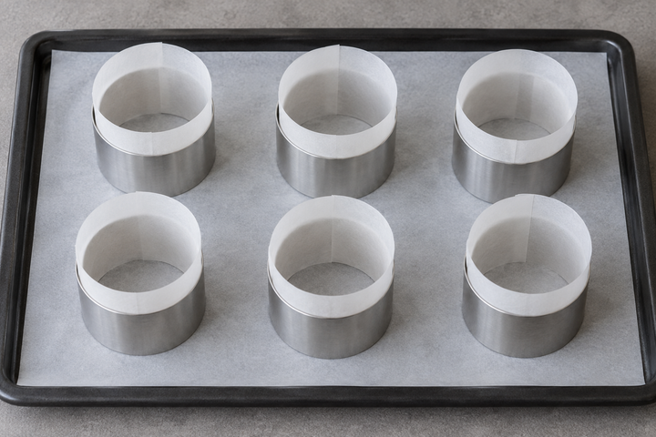 Line the rings and preheat to 190°C
