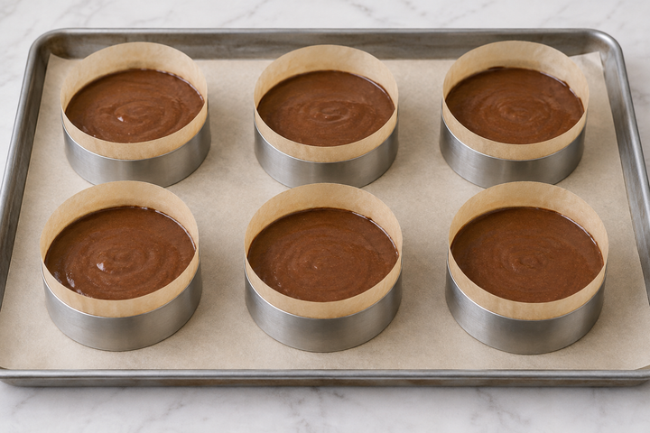 Add 40g batter, frozen ganache, then 20g batter