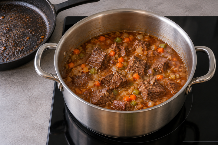 焼いた牛肉をワインで煮る