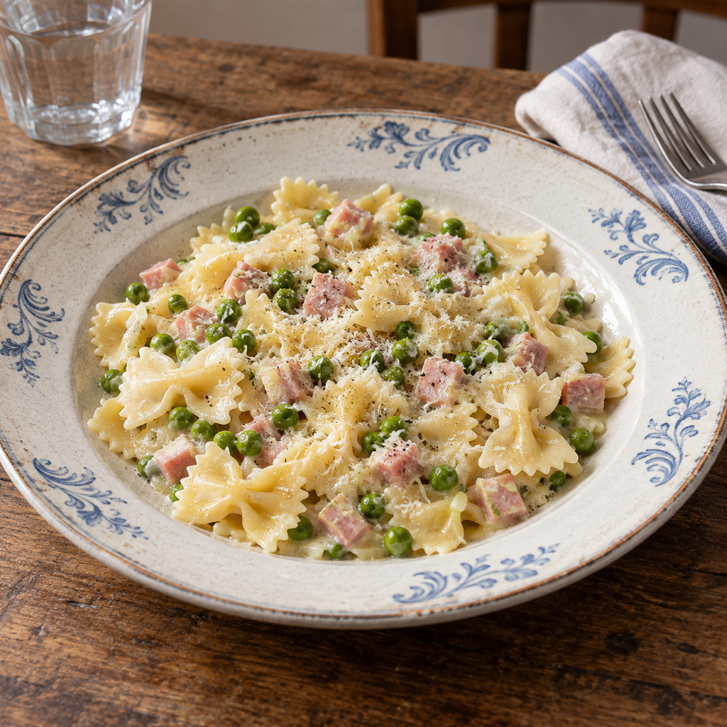 Farfalle ai Piselli e Prosciutto Cotto