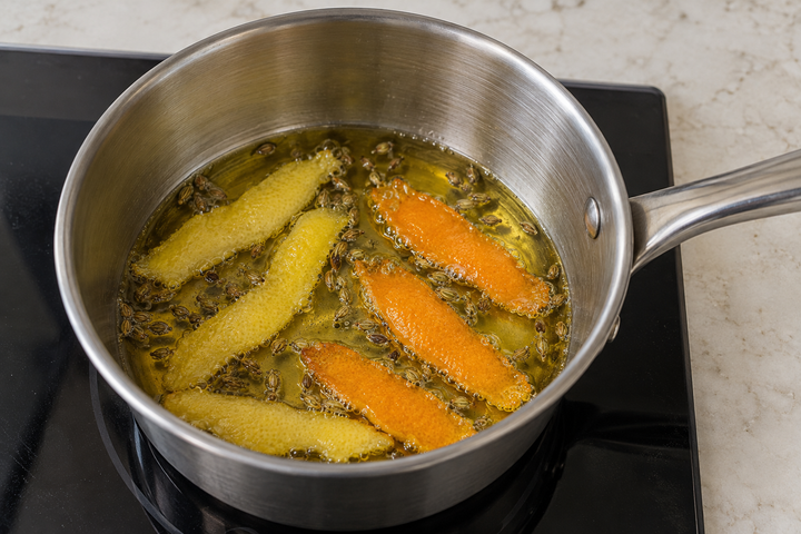 Heat the citrus peel and anise in oil