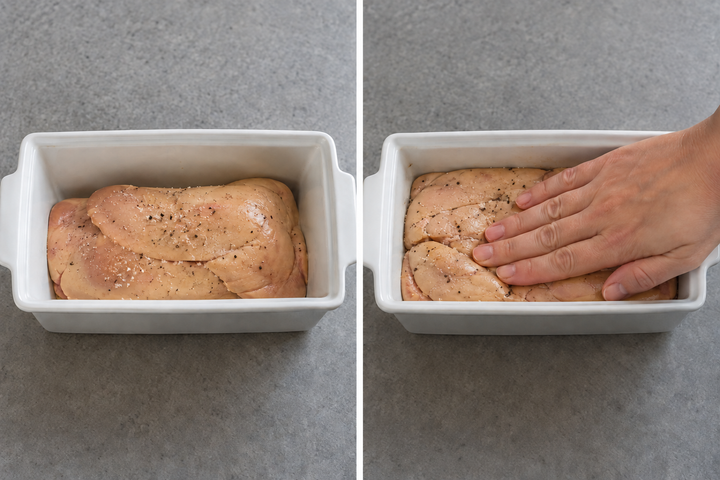 Season, pack into the terrine and sprinkle with Armagnac
