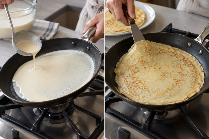 Thin the batter and cook about 15 crêpes in a 20cm skillet