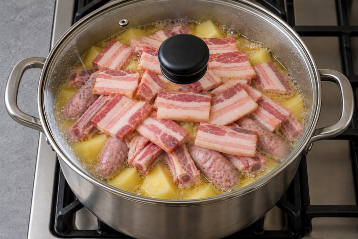 肉とじゃがいもを鍋に重ねる