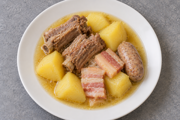 肉とじゃがいもを煮汁ごと盛る