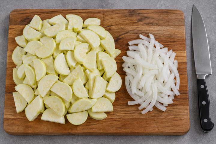 Thinly slice the zucchini and onion