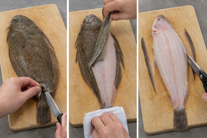 Remove both skins and trim the fins