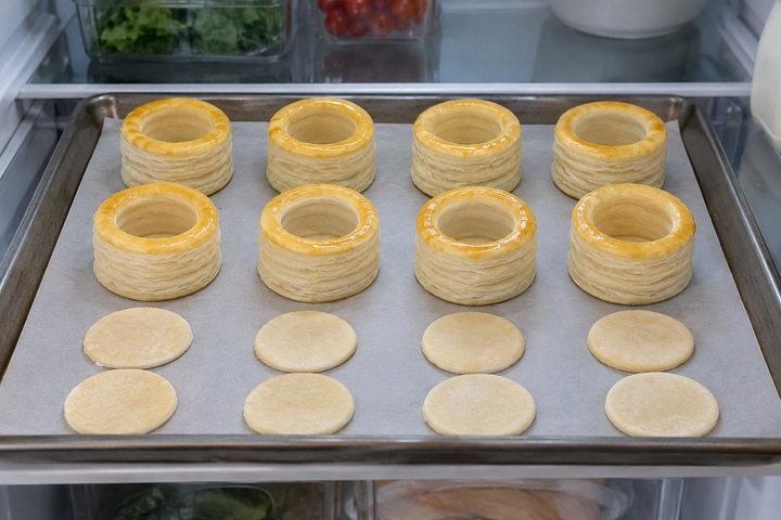 Cut scalloped rounds and stack bases and rings into cases