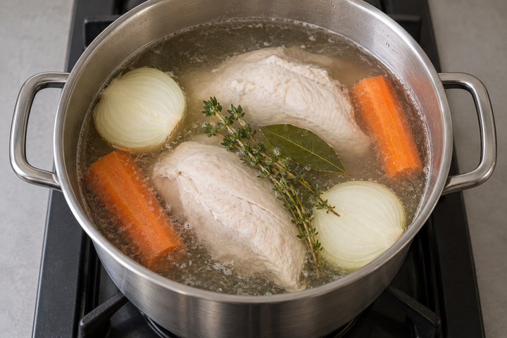 Start poaching the chicken in cold water with aromatics