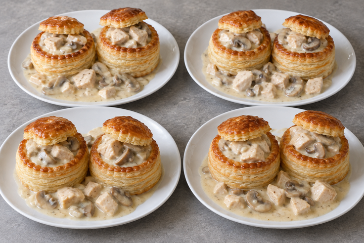 Warm the chicken and mushrooms in sauce and fill the cases