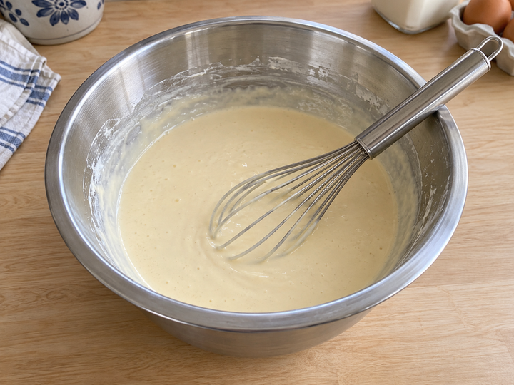 Combine eggs, sugar, flour and milk