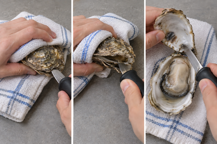 Wash and shuck the oysters, reserving the meat and liquor