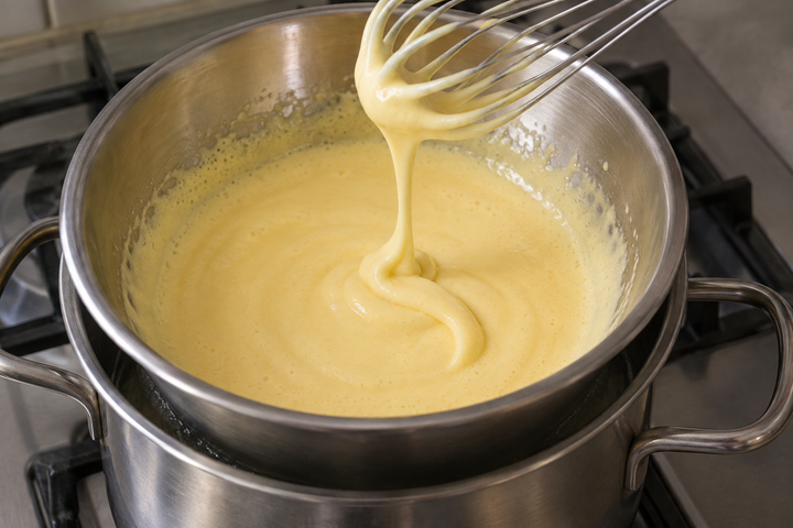 Whisk the yolks and Champagne over a water bath into sabayon