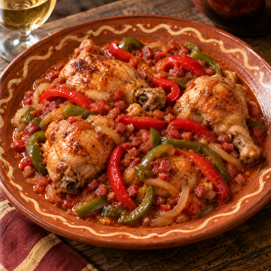 Pollo con peperoni, pomodori e jamón