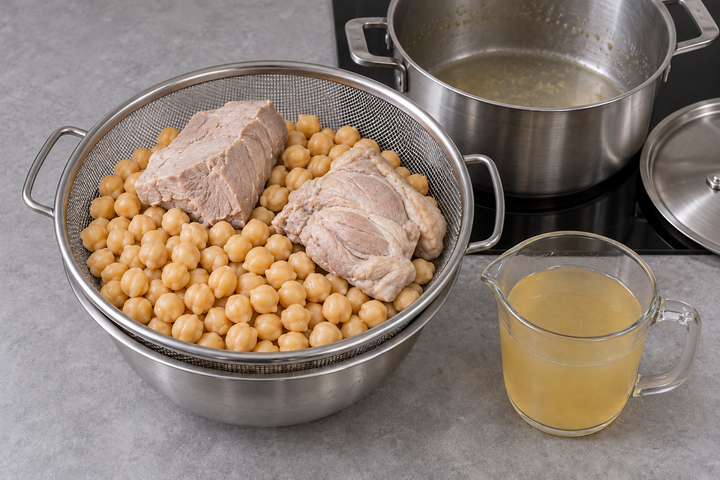 ひよこ豆と肉を柔らかく煮る