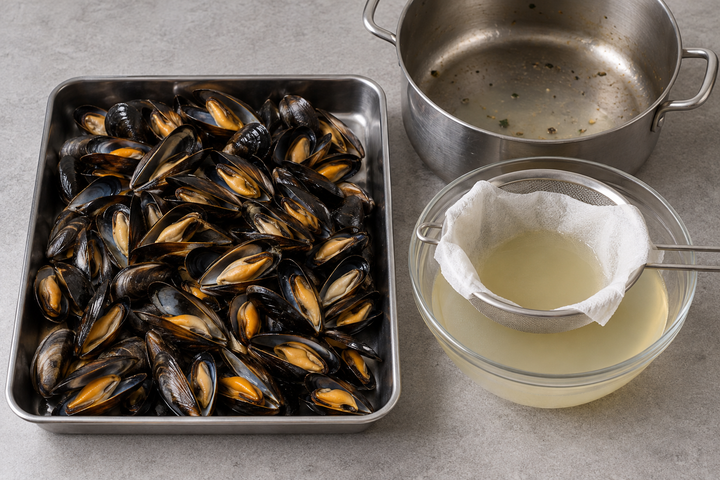 ムール貝を蒸し開けて貝汁(acqua delle cozze)を取る