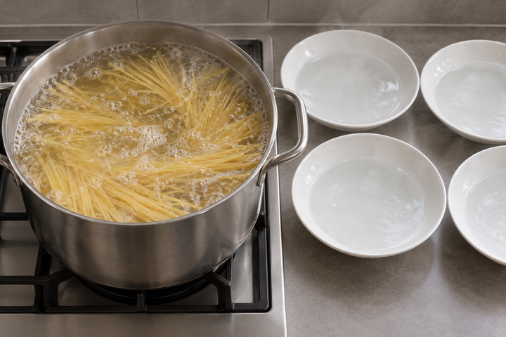 パスタを茹で始め、皿を温める