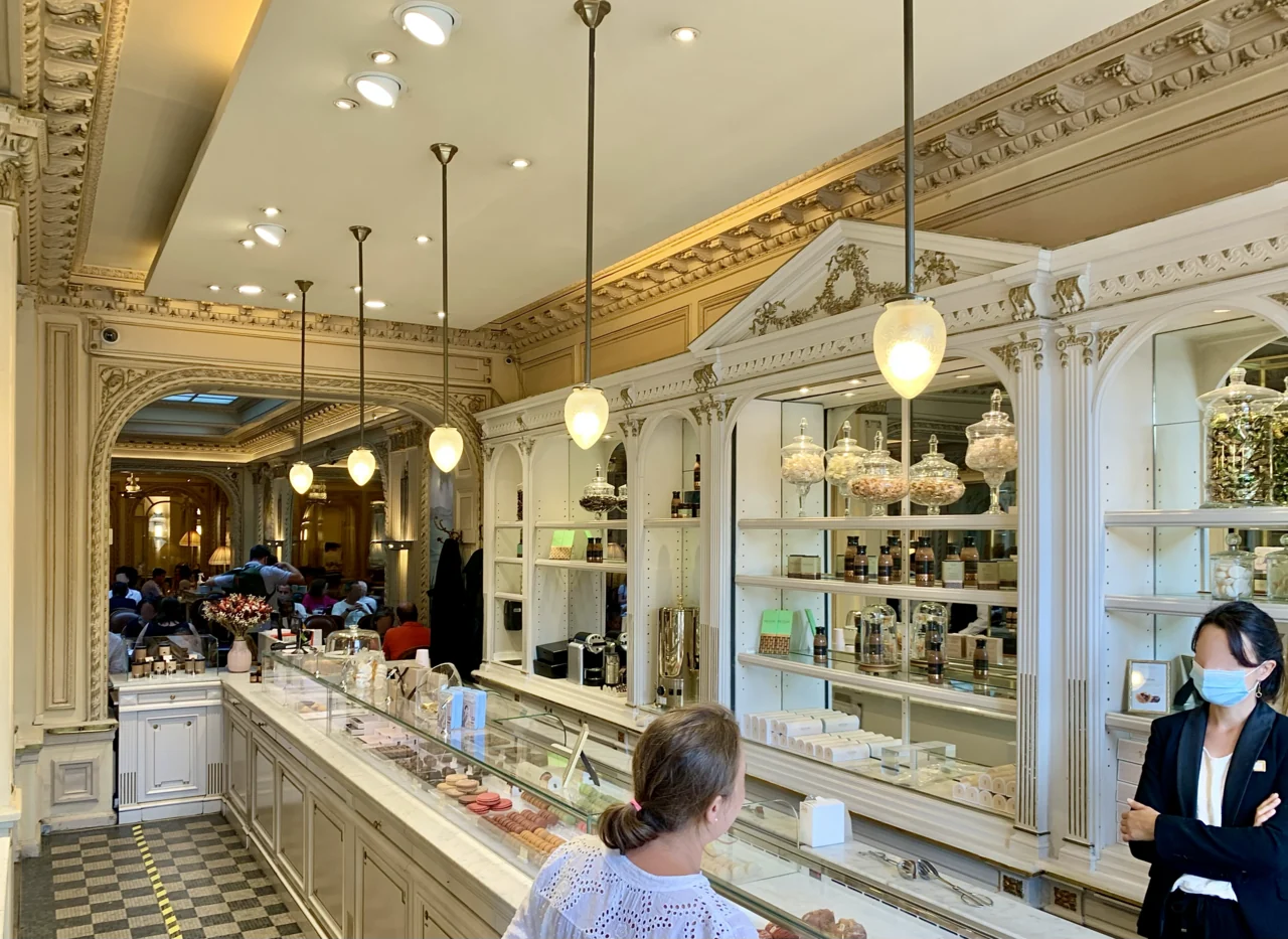 Pastry counter and dining room at Angelina on rue de Rivoli